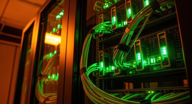 Green network cables transmitting data within a server rack, casting an otherworldly glow across the data center, highlight the intricate connections of modern technology and communication