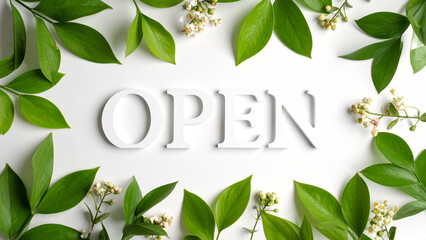 OPEN Text in Dynamic Minimalist Style – Realistic Typography with Green Tropical Floral Leaves