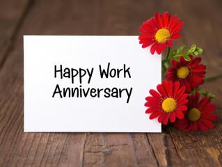 Happy work anniversary card with red flowers on wood background