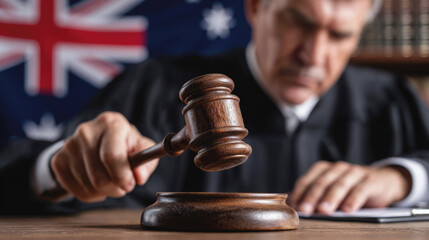 Judge slamming gavel in courtroom with Australian flag in background, symbolizing justice, law, authority and legal decisions in national legal system.