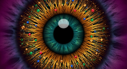 Close-up of stylized eye with teal iris, surrounded by gold strands and colorful gemstones, suggesting vision, perception, or precious insight