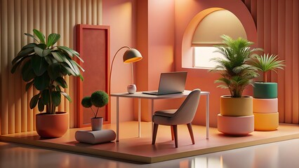 Trendy Home Office Design: Minimalist Workspace with Pastel Walls, Lush Greenery, and Modern Furniture 3D icon high quality resolution