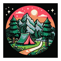 Vibrant Cartoon Camping Scene with Tent and Majestic Mountain View