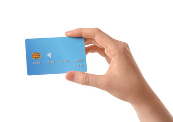 Female hand with credit card on white background