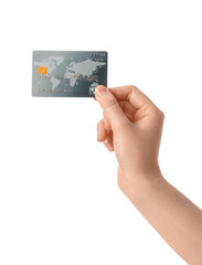 Female hand with credit card on white background