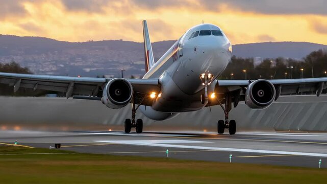 Plane is landing. The wheels of the aircraft touch the runway, and the landing gear is released.