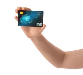 Female hand with credit card on white background