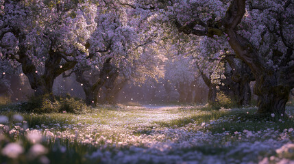 Apple Trees in Bloom with Scattering Petals and Soft Sunlight