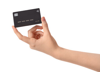 Female hand with credit card on white background