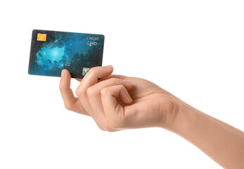 Female hand with credit card on white background