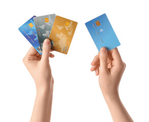 Female hands with credit cards on white background