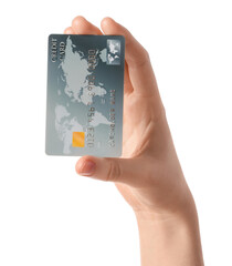 Female hand with credit card on white background