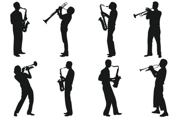 Silhouettes of Musicians Playing Instruments A Symphony of Sound and Artistic Expression in Musical Performance on a White Background