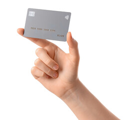Female hand with credit card on white background