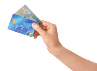 Female hand with credit cards on white background