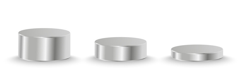 3D silver display podiums for showcasing luxury cosmetic products, elegant stage for beauty branding or ads.