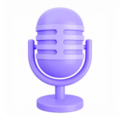 A modern 3d rendered illustration of a purple studio microphone designed on a clean white background for podcasts and online broadcasting.