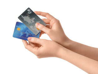 Female hands with credit cards on white background