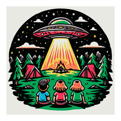 Colorful Cartoon Scene of Kids Watching UFO in Forest at Night