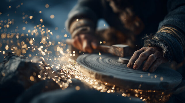 Farmers sharpening tools by hand on a grindstone