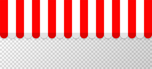 Vector illustration of red and white striped canopy awning for shop or cafe storefront isolated on white background, perfect for summer designs.