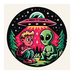 Colorful Cartoon UFO in Cosmic Space Scene with Stars and Planets