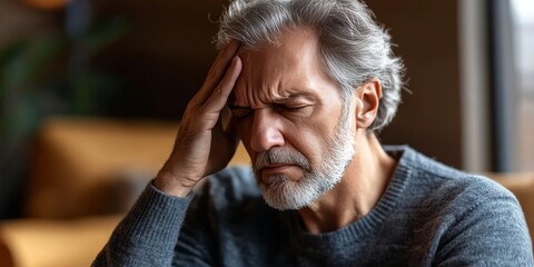 Middle-aged Man Holding His Head In Pain, Expressing Frustration And Despair Over Severe Headache
