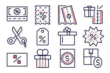 Collection of clean modern line graphics representing promotional offers discounts coupons and special deals for marketing and retail purposes