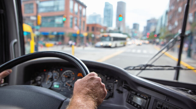 Close-up of a bus driver's hands on the steering wheel navigating a busy city street, with urban buildings and traffic visible through the windshield in daylight.