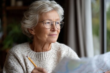 Mature caucasian woman reading a map by the window