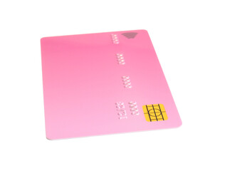 Flying pink credit card on white background