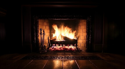 Cozy fireplace burning brightly in a dark room, providing warmth and ambiance for relaxation