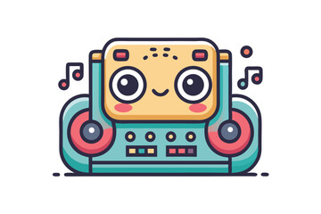 Cartoon Retro Boombox Character with Cute Face and Musical Notes, A Whimsical and Nostalgic Illustration on White Background