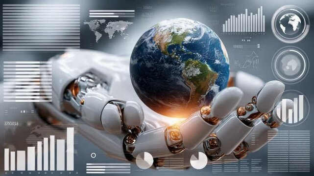 Robotic Care for Planet Earth: In a futuristic tableau, a gleaming robotic hand tenderly cradles the Earth, intertwined with intricate data displays. Exploring themes of technology.