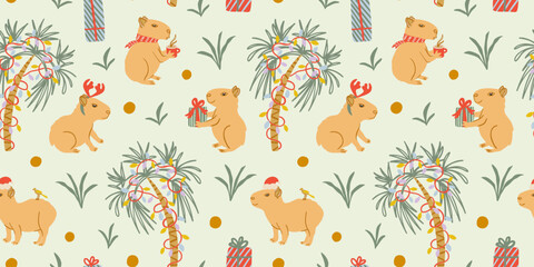 Cute Christmas capybaras on a beach under a palm tree seamless pattern. Childish background for fabric, wrapping paper, textile, wallpaper and apparel. Vector Illustration.
