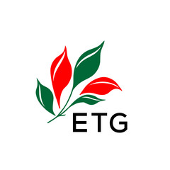 ETG Abstract Botanical Logo with Elegant Typography, ETG Later Logo, Modern Nature Inspired Logo with Red and Green Leaves.

