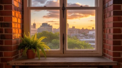 Fototapeta premium Cozy windowsill with potted plant and glowing light against sunset cityscape view