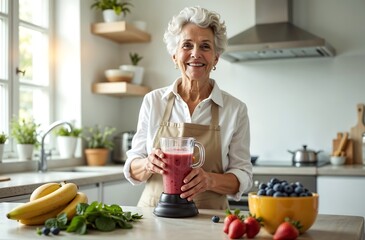 Elderly Woman Making Fresh Smoothie – Vibrant Healthy Morning in Sunlit Modern Kitchen