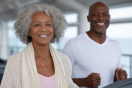 Elderly african couple exercising on treadmills in bright fitness center - Powered by Adobe