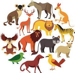 Different types of wild animals on white Background, 