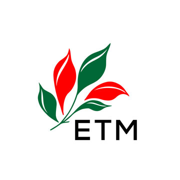 ETM Abstract Botanical Logo with Elegant Typography, ETM Later Logo, Modern Nature Inspired Logo with Red and Green Leaves.
