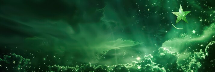 Celebrating Pakistan independence day with green star and crescent theme. Horizontal banner. Copy space. Free space for text