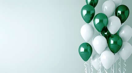 Celebration of Pakistani independence day with green and white balloons for event decorations. Horizontal banner. Copy space. Balloons in colors of flag of Pakistan