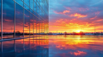 Sunset Reflection on Modern Building Glass and Vibrant Sky Above