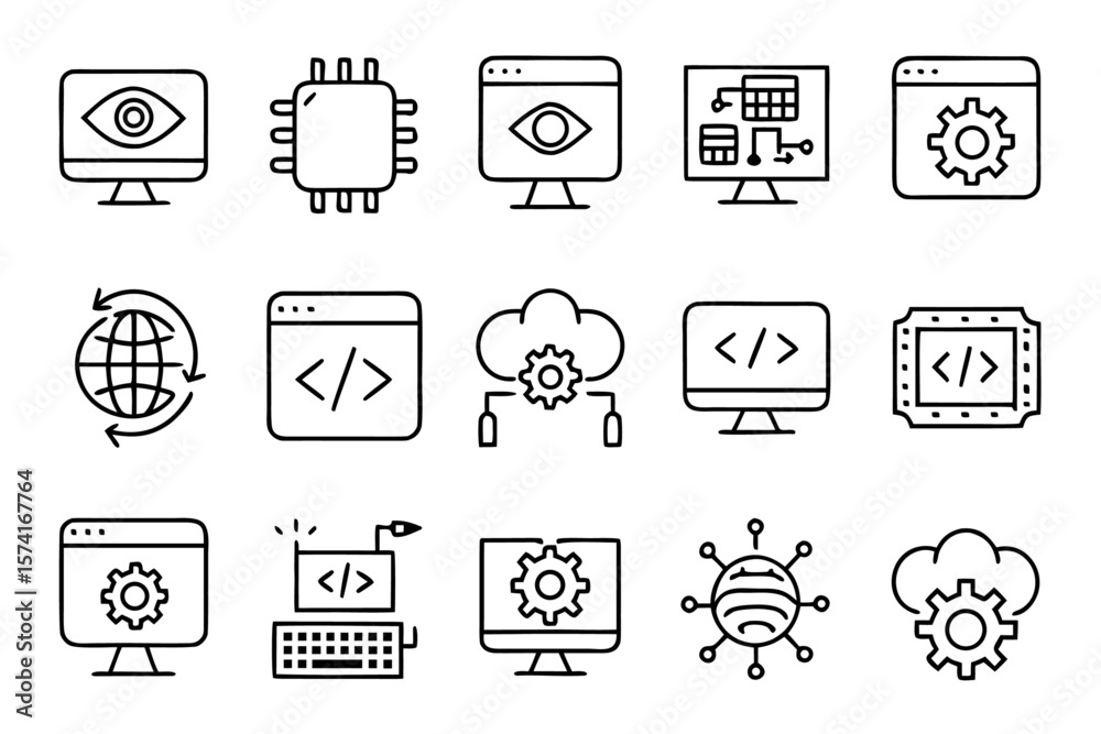 Fototapete Comprehensive collection of essential web development and coding symbols presented in a clean modern outline graphic style perfect for digital platforms