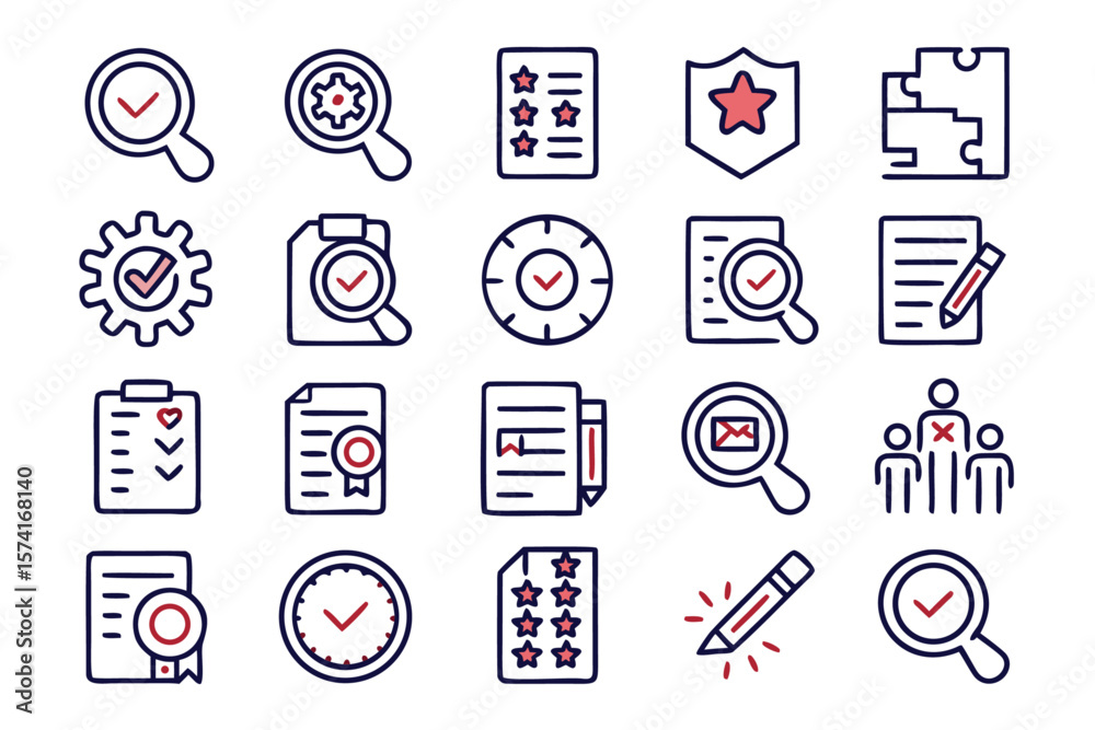 Poster comprehensive collection of essential web symbols for quality assurance and control processes presen