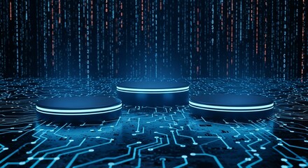 Glowing Futuristic Podium Trio on Digital Circuit Board Floor with Descending Matrix Code in Blue and Orange