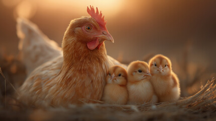 Fototapeta premium Hen with chicks under warm midday sun