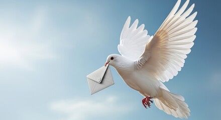 A peaceful white dove soaring in the sky carries an envelope, suggesting communication and delivery.