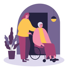 Caring Woman Assisting Elderly Person in Wheelchair in Modern Setting